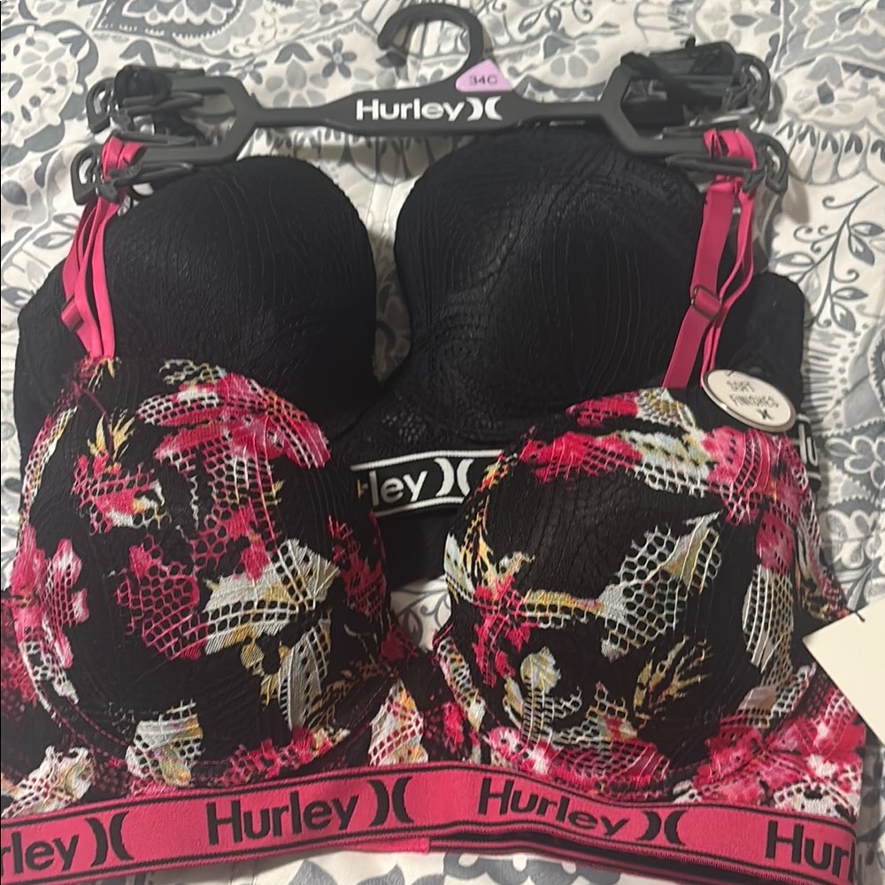 Hurley Black and Pink Intimates Bra with Padded Cups